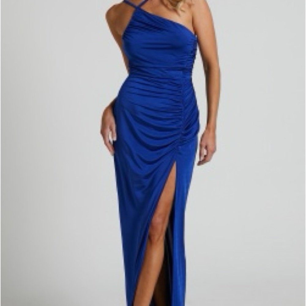 Showpo Mhira One Shoulder Thigh High Slit Sapphire Maxi Dress